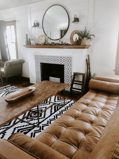 1928 Tudor, fireplace remodel with black and white tiles and shiplap fireplace Old House Fireplace, Black White Tan Living Room, Tan Couch Living Room Ideas, Tudor Fireplace, Tan Couch Living Room, Tan Sectional, Tan Couch, House Fireplace, Tan Living Room