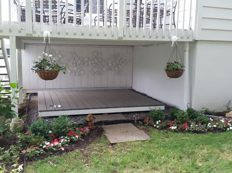 My Pooch Porch Under the deck! Creative solution for what to do under a deck... for dog lovers. Plants To Hide Under Deck, Dog Area On Porch, Dog House Under Porch, Doghouse Under Deck, Under Deck Sitting Area Outdoor Living, Under Deck Dog House, Under Deck Ideas Low, Dog Deck Ideas, Tall Deck Skirting Ideas