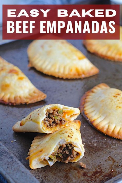 These are little savory pastry pockets of love! These Ground Beef Empanadas recipe is the absolute easiest way to make these babies at home! Flaky, buttery pastry on the outside with a savory, smokey, salty ground beef filling. You can make them all ahead and freeze so you can later bake them off one by one as a snack or all at once for dinner or a party! And incredibly easy to make with only a few steps. #empanadarecipe #empanadas #groundbeefrecipes Ground Beef Empanadas Recipe, Summer Ground Beef Recipes, Ground Beef Empanadas, Easy Empanadas Recipe, Ready Made Pie Crust, Beef Empanadas Recipe, Appetizing Food, Busy Mom Recipes, Week Meals