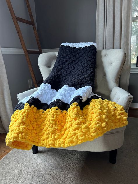 Black Chunky Knit Blanket, Black And Orange Crochet Blanket, Orange Chunky Knit Blanket, Black And Yellow Crochet Blanket, Chunky Knit Blanket Checkered, Gold Blanket, Hockey Blanket, Yellow Blanket, Yellow Throw Blanket