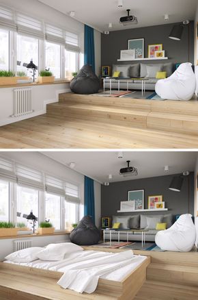 Studio Apartment Hidden Bed, Pull Out Bed Under Platform Floor, Smart Living Room Space Saving, Bed Under Floor, Platform Living Room Raised, Smart Spaces Interior Design, Hidden Guest Room, Hide Bed In Studio Apartment, Hidden Bed In Living Room