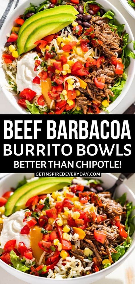 Better than Chipotle for sure, these beef Barbacoa Burrito Bowls are easy to make. And they pack in so much flavor you're going to want to make them often. There are lots of extra tips and recipes provided to make this dairy-free and paleo. We love making the different parts of this burrito bowl for meal prep. That way you have everything ready to go in the fridge, and can make burrito bowls all week. Or you can serve this right away for family style dinner where everyone can 'build their ... Beef Barbacoa, Chipotle Bowl, Bowls Recipes, Rice On The Stove, Quinoa Bowls, Burrito Bowls Recipe, Healthy Bowls Recipes, Barbacoa Beef, Beef Bowls