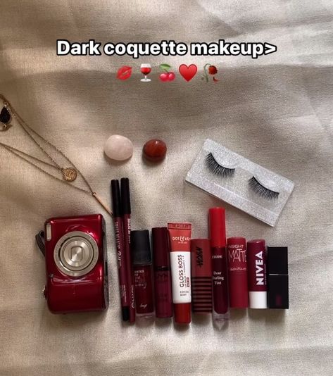 Dark coquette makeup aesthetic Downtown Girl Makeup Products, Dark Makeup Products, Dark Coquette Makeup Products, Dark Cherry Makeup, Dark Qocuette, Coquette Makeup Products, Coquette Makeup Aesthetic, Dark Coquette Aestethic, Dark Coquette Makeup