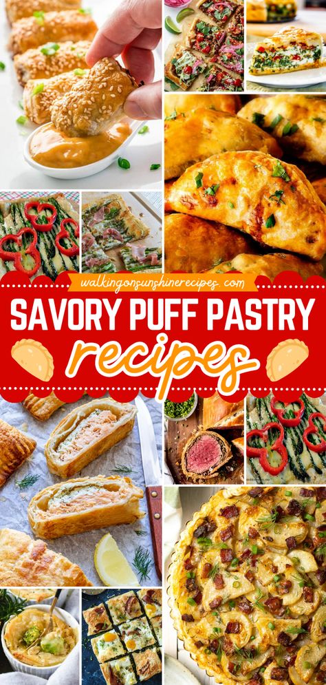 The perfect addition to any breakfast platter! This roundup features puff pastry recipes with a savory filling like pizza, pot pies, quiche, and more. You'll love them as a quick lunch recipe and a family dinner idea, too! Savory Puff Pastry Recipes, Puff Pastry Dinner, Puff Pastry Recipes Appetizers, Puff Pastry Snacks, Puff Pastry Recipes Savory, Easy Puff Pastry Recipe, Savory Puff Pastry, My Recipe Book, Pasties Recipes