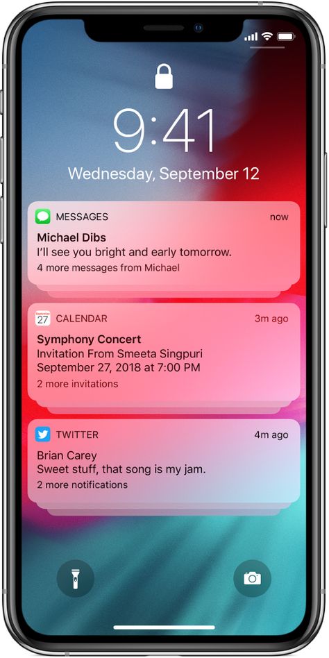 Three groups of notifications on the Lock screen: five messages, three Calendar invitations, and three Twitter notifications. Twitter Notification Lockscreen, Whatsapp Notification, Insta Notification, No Notifications Screen, Phone Notification Aesthetic, Phone Notification, Lock Screen Notification, Whatsapp Message Notification, Messages Notification Iphone