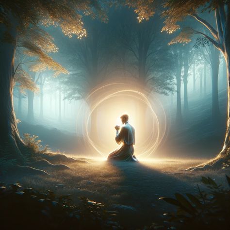 The image depicts a serene and spiritual scene, illustrating the concept of a prayerful attitude. In the foreground, a solitary figure kneels in deep prayer, their posture reflecting humility and devotion. They are surrounded by a faint, glowing aura, symbolizing the presence of the Holy Spirit. The background is a tranquil natural setting, perhaps a forest clearing or a quiet garden, with... Holy Spirit Images, Jesus 2024, Glowing Aura, Heavenly Art, Acts 1 8, Forest Clearing, Man Praying, Jesus King, Holy Art