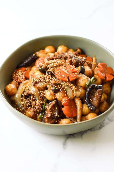 Gungjung Tteokbokki (Korean Royal Court Rice Cakes) Tteokguk Recipe, Gungjung Tteokbokki, Korean Stir Fry, Veggie Cakes, Watermelon Punch, Cured Egg, Stir Fry Rice, Mushroom Rice, Joseon Dynasty