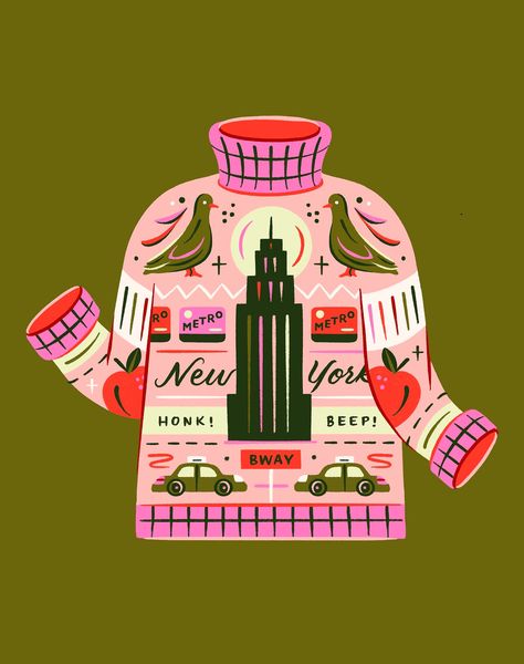 Only in New York by Christina Kwiek on Dribbble Christmas Sweater Illustration, Sweater Illustration, Lettering Illustration, Nyc Christmas, Christmas Sweater, Brooklyn, New York, Pink, Instagram