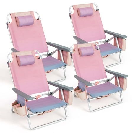 Enjoy outdoor leisure time with this 4-pack beach chair set! In order to meet your different needs, these camping chairs come with 5-position adjustable backrest for you to read, chat and sunbathing, etc. Made of waterproof PVC and anti-rust aluminum frame, this outdoor reclining chair set not only offers a comfortable and breathable sitting experience, but holds up to 300 lbs for each chair. And the storage bag with zipper, cup holders, PEVA ice pack and towel rack offer great convenience. Than Chair With Storage, Backpack Beach Chair, Folding Structure, Packing Folding, Fishing Backpack, Reclining Chairs, Folding Beach Chair, Large Storage Bags, Outdoor Folding Chairs