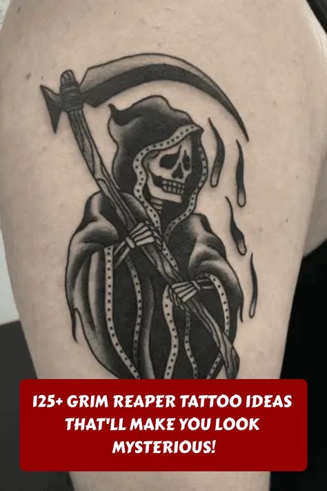 Explore over 125 unique and mysterious Grim Reaper tattoo ideas in this post. Whether you're into dark and edgy designs or just love the symbolism, you'll find plenty of inspiration here. From traditional black and white to colorful and modern interpretations, there's something for every tattoo enthusiast. Dive into the world of the Grim Reaper and discover your next ink obsession! Grim Reaper Time Tattoo, Grim Reaper Tattoo Simple, Traditional Reaper Tattoo, Grim Reaper Tattoo Ideas, Reaper Tattoo Ideas, Grim Reaper Scythe, Ace Of Spades Tattoo, Reaper Drawing, Grim Reaper Tattoo