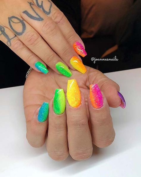 Rainbow Gel Nail Designs, Coffin Pride Nails, Dark Rainbow Nails, Glitter Rainbow Nails, Hot Summer Nails Neon, Short Rainbow Nails, Rainbow Ombre Nails, Neon Rainbow Nails, Rainbow Nail Art Designs