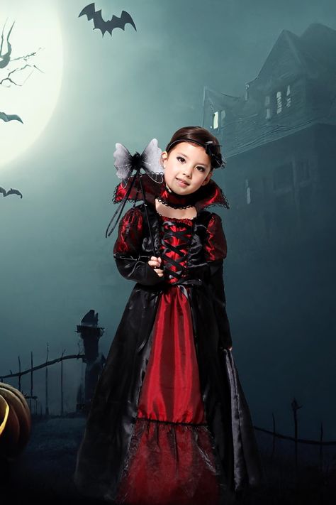 This vampire costume for girls for Halloween parties is composed of Grade 'A' polyester material, which produces a high-resolution digital print effect with eye-catching features and a lifelike appearance. This terrifying princess costume or girl vampire costume can be worn for a vampire halloween party, a Dracula theme party, a wizard theme birthday party, or a ghost kids party. #girls #halloween #costumes Vampire Girl Costume, Dracula Halloween Costume, Royal Vampire, Girls Vampire Costume, Vampire Halloween Party, Girl Vampire, Dracula Costume, Halloween Dracula, Vampire Dress