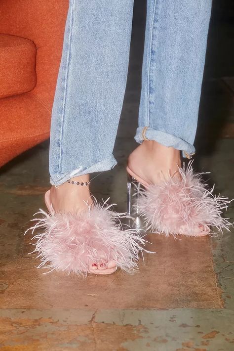 Best February Fashion Clothes and Accessories 2022 | POPSUGAR Fashion Feather Sandals, Upcoming Fashion Trends, Feather Heels, Lucite Heels, Embellished Shoes, Heels Outfits, Pink Feathers, Free People Shoes, Shoes Heels Wedges