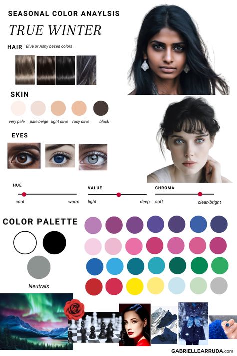 Light Winter Color Palette, Eye Color Charts, Soft Winter Color Palette, Undertones Hair, 12 Season Color Analysis, True Winter Palette, Color Analysis Winter, Season Color Analysis, True Winter Color Palette