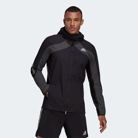 There's a lot to think about while you run. Some things? You shouldn't have to. Like the weather. Or your clothes. Lightweight and breathable, this adidas jacket protects against wind and rain and lets you move freely. Zip it on and go. Your goals are within reach. This product is made with recycled content as part of our ambition to end plastic waste. Adidas Jumper, Adidas Pullover, Adidas Tracksuit, Golf Jackets, Adidas Track Jacket, Tracksuit Jacket, Mens Windbreaker, Adidas Hoodie, Running Jacket