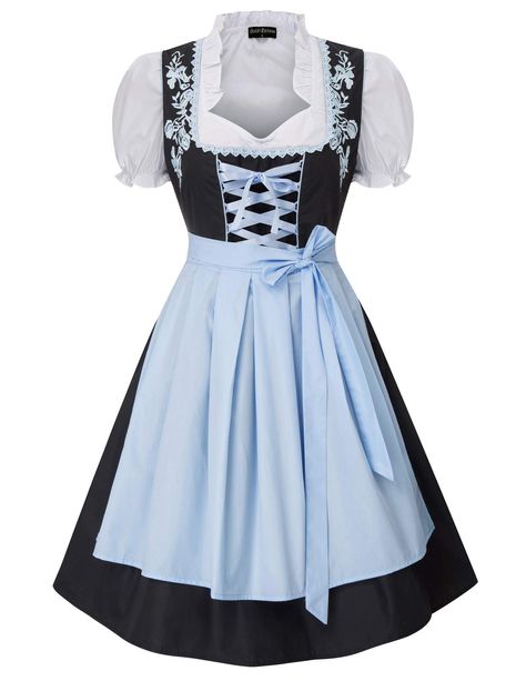 PRICES MAY VARY. [ Main Material ]Polyester,Cotton. [ 3 Pieces Set Oktoberfest Outfit ]1 pc cropped length blouse,1 pc sleeveless black dress and 1 pc solid color apron. [ Design ]Cute Cropped Length Tops--Puff short sleeve cropped length tops with ruffled neckline and elastic sleeve cuffs.Chic Sleeveless Dress--Sleeveless black dress with lacing in the front to adjust for best fit, side concealed zipper,bodice with exquisite embroidery decorated.Attention: Dress bodice with lining, skirt withou Beer Wench Costume, Scarlet Darkness, Dirndl Dresses, Wench Costume, Halter Dress Casual, German Oktoberfest, Apron Design, Oktoberfest Costume, Dress Apron