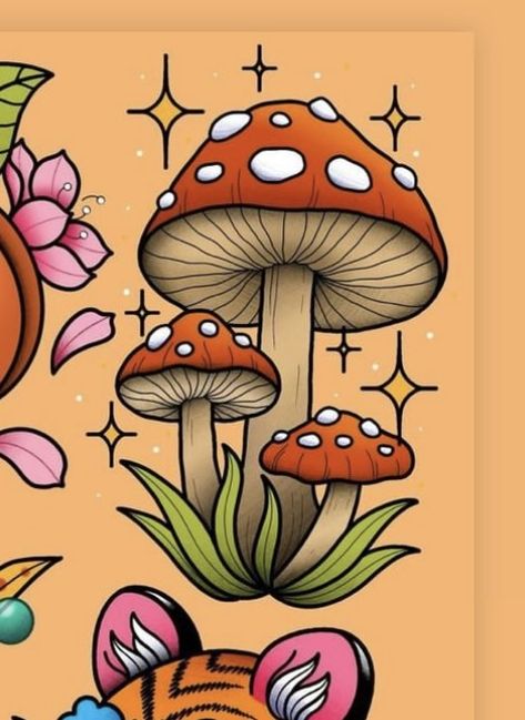 Neo Trad Mushroom Tattoo, Amanita Mushroom Tattoo, Mushroom Flash Art, Mushroom Sleeve Tattoo, Cute Mushroom Tattoos, Mushroom Flash Tattoo, Toadstool Drawing, Traditional Mushroom Tattoo, Purse Painting