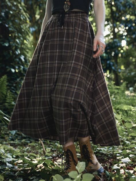 ROMWE Fairycore Drawstring Waist Tartan Skirt | SHEIN USA Floor Length Skirt Outfit Casual, Brown Tartan Skirt Outfit, Vintage Plaid Skirt, Long Cute Skirts, Laura Ashley Clothing, Tartan Clothing, Tartan Skirt, Spring Skirts, Plaid Skirts