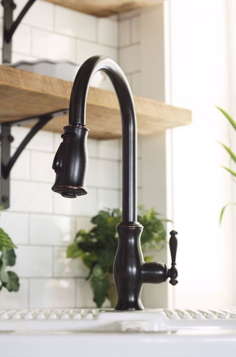 oil-rubbed bronze gooseneck kitcen faucet Farmhouse Kitchen Faucet Ideas, Kitchen Faucets Farmhouse, Oil Rubbed Bronze Kitchen Faucet, Farmhouse Faucet, Bronze Kitchen Faucet, Farm Style Kitchen, Rubbed Bronze Kitchen, Oil Rubbed Bronze Faucet, Traditional Faucet