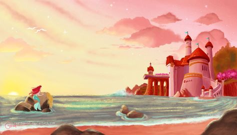 Castle by the Sea by reginaac57 Ariel Laptop Wallpaper, Ariel Wallpaper Desktop, Little Mermaid Background Landscape, Mermaid Wallpaper Laptop, Disney Laptop Wallpaper, Disney Landscape, Castle By The Sea, Disney Desktop Wallpaper, Mermaidcore Aesthetic