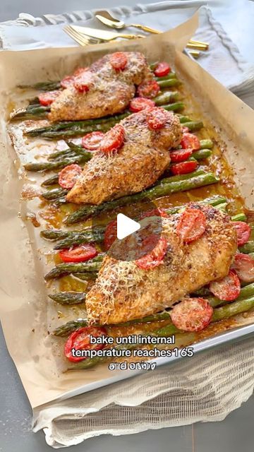 Mediterranean Diet Plan on Instagram: "Juicy Flavor Packed Chicken Breast over Asparagus with Grape Tomatoes and Parmigiano Reggiano

By vessys_gourmet_kitchen

🙌 Type "yes" if you want to get more posts like this

👉 Follow my page @mediterraneandiet.tasty to get Mediterranean diet recipes and tips for weight loss and a healthy lifestyle.

👉🏼Ingredients:
3 chicken breasts
1 lbs asparagus
5 oz cherry/grape tomatoes
1 cup Parmigiano Reggiano- freshly grated
1 tsp paprika
1 1/2 tsp salt
1 tsp garlic powder
1 tsp Italian seasoning
Black pepper
1/4 cup olive oil
Basil leaves, for garnish

👉🏼Recipe
1. Pound chicken breast to help cook evenly; season with olive oil, paprika, Italian seasoning, garlic powder, salt and pepper on both sides and pan sear until internal temperature reaches 145- Chicken Asparagus Cherry Tomatoes, Chicken Asparagus Recipe, 30 Min Meals, Mediterranean Diet Plan, Chicken Asparagus, Food Garnishes, Parmigiano Reggiano, Food Favorites, Asparagus Recipe