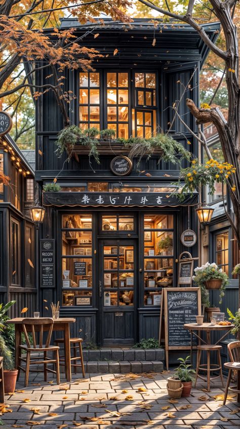 City Cafe Exterior, Old Antique Shop Aesthetic, Cafe With House On Top, Old Buildings Aesthetic Vintage, Dark Academia Cafe, Fall Coffee Shop, Fall Cafe, Cafe Architecture, Autumn Cafe