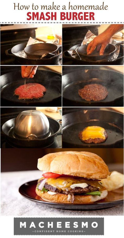 Two cast iron skillets. Foil. That's what you need to make one of the best burgers you can make at home! Smashburger Sauce, Copycat Smashburger, Burger Soup, Smashed Burgers, Smash Burger Recipe, Recipes Hamburger, Soup Sandwich, Smash Burgers, Burger Dogs