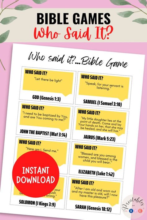 This printable Who Said It? Bible game is a fun activity that can be used for a family get-together, family reunion, church activities, church groups, bible study groups, youth groups or even as an icebreaker activity at any church party. Church Youth Group Activities, Bible Trivia Games, Bible Games For Youth, Youth Bible Study, Bible Quiz Games, Youth Group Activities, Church Youth Group, Bible Quiz, Youth Groups