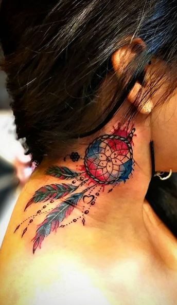 Bast Tattoo, Maddy Tattoo, Female Neck Tattoo, Dream Catcher Tattoos, Wolf Dreamcatcher Tattoo, Dreamcatcher Tattoos, Female Neck, Skull Rose Tattoos, Lace Tattoo Design