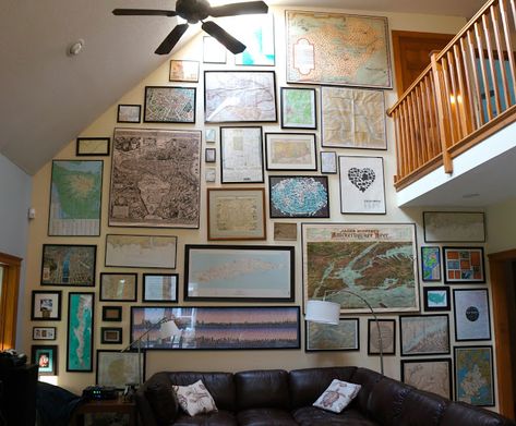 Wall Of Maps, Map Gallery Wall, Picture Wall Living Room, Surf House Decor, Den Ideas, Pictures Wall, Surf House, Furniture Placement, Story Map