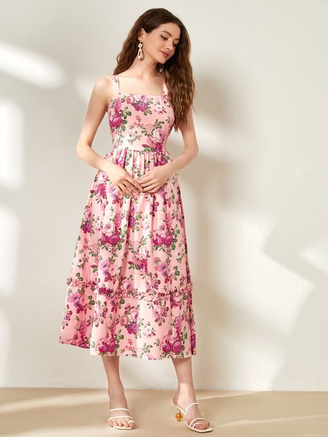 Multicolor Elegant Collar Sleeveless Fabric Floral,All Over Print Cami Embellished Non-Stretch  Women Dresses Floral Satin Dress, Floral Dress Outfits, Pentecostal Fashion, Vestidos Retro, Light Pink Dress, Midi Dress Style, Guest Attire, Usa Dresses, Pink Floral Dress