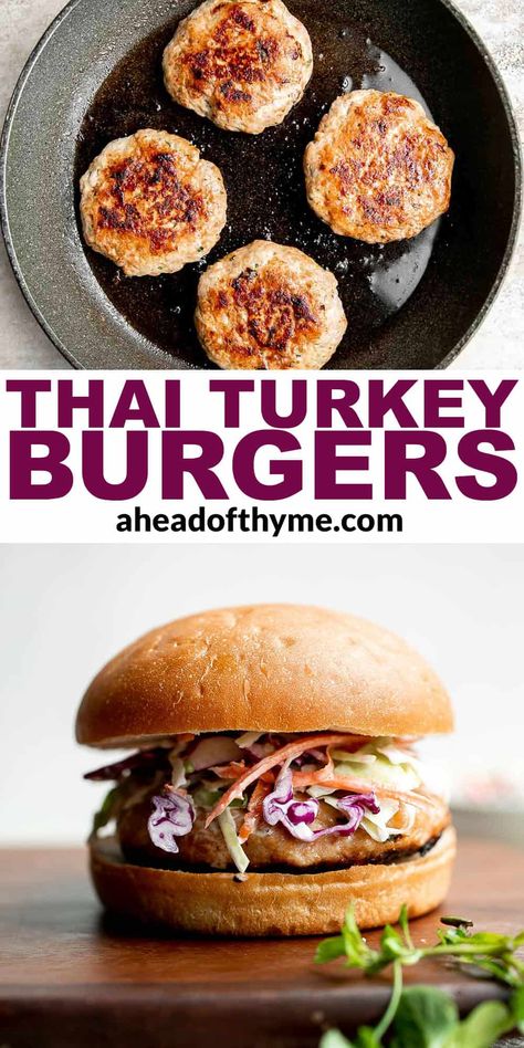 Thai Turkey Burgers Thai Burger Recipe, Asian Turkey Burger Recipes, Curry Turkey Burgers, Thai Burgers, Asian Turkey Burgers, Turkey Burgers Recipes, Thai Turkey Burgers, Thai Burger, Creamy Slaw