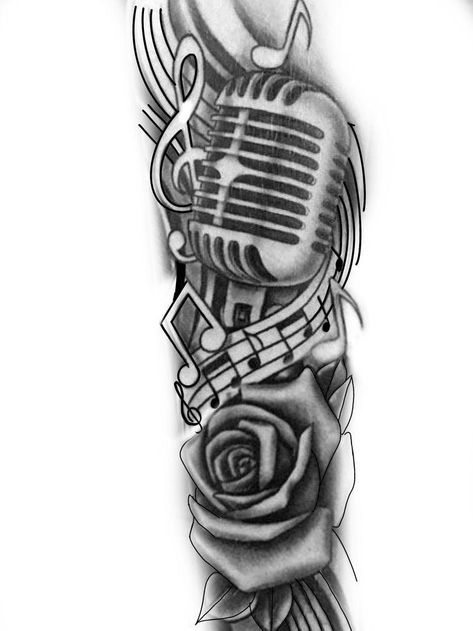 Music Half Sleeve Tattoo For Men, Music Sleeve Tattoo For Men, Music Sleeve Tattoo, Arm Tattoos Music, Music Tattoos Men, Music Staff Tattoo, Microphone Tattoo, Tattoos For Moms, Music Tattoo Sleeves