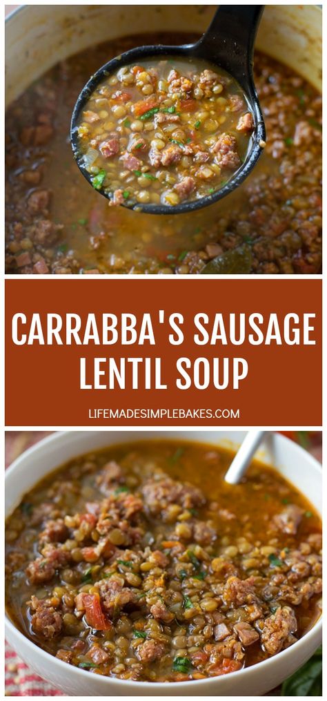 This soup is a copycat version of Carrabba's Spicy Sausage Lentil soup!  It's loaded with hot Italian sausage, lentils, ham, veggies and is totally delicious!  #carrabbasspicysausageandlentilsoup #spicysausageandlentilsoup #lentilsoup #sausageandlentilsoup #spicysoup Sausage Lentil Soup, Lentil Sausage, Sausage Lentil, Lentils And Sausage, Lentil Sausage Soup, Lentil Soup Recipe, Spicy Soup, Lentil Soup Recipes, Hot Italian Sausage