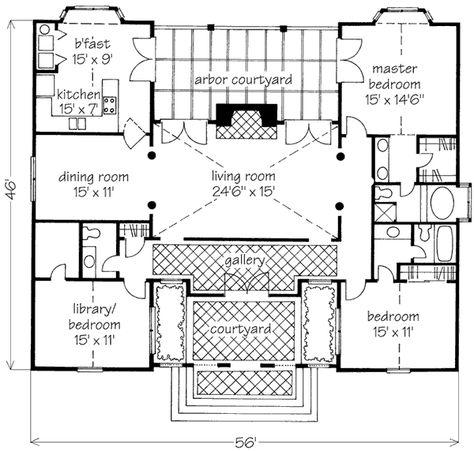 Classic Villa with Courtyard. 2055sf Spanish Villa Home Floor Plans, Courtyard Design Plan, House Plans With Courtyard In The Middle, Small Courtyard House, Hacienda House Plans, Classic Courtyard, Hacienda Floor Plans, U Shaped House Plans, U Shaped Houses