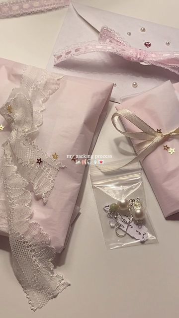 Aesthetic Packaging Ideas For Jewelry, Coquette Small Business, Coquette Gift Basket, Coquette Presents, Aesthetic Jewelry Packaging, Coquette Business Card, Coquette Gift Wrapping, Small Business Aesthetic Packaging, Depop Packaging Ideas