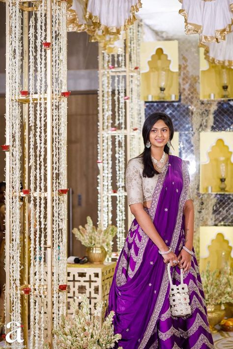 Purple Half Saree Lehenga, Purple Saree Blouse Combination, Pink Blouse Designs, Langa Voni, Lehenga Saree Design, Bridal Sarees South Indian, Half Saree Lehenga, Half Sarees, Wedding Lehenga Designs