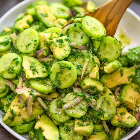 Herbed Avocado Cucumber Salad Avocado Cucumber Salad, Simple Balsamic Vinaigrette, Orange Salad Recipes, Veggie Salads, Cucumber Tomato Avocado Salad, Easy Cucumber Salad, Easy Fruit Salad Recipes, Cucumber Avocado Salad, Stuffed Chicken Breast Spinach