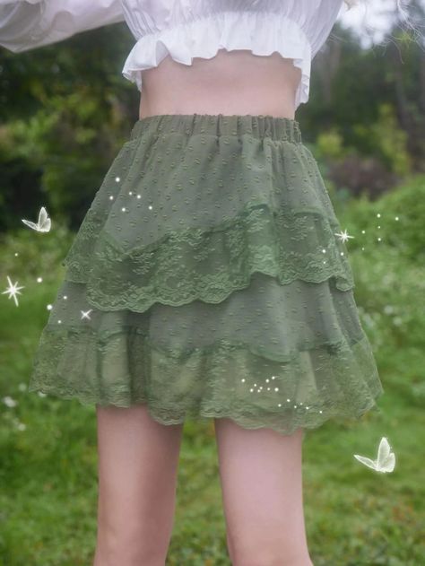 Romwe Outfit, Green Skirt Outfits, Layered Ruffle Skirt, Skirt Aesthetic, Fairycore Clothes, Fairy Skirt, Pretty Skirts, Women Bottoms, Fairy Fashion