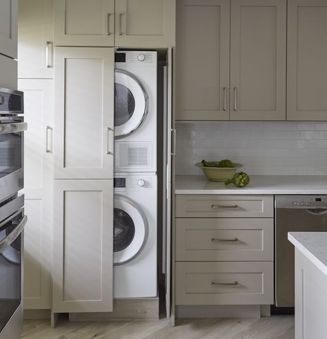 Washer Dryer Built In Cabinets, Hidden Washer Dryer, Laundry Room Decorations, Remodel Laundry Room, Dryer Cabinet, Laundry In Kitchen, Washer Dryer Laundry Room, Stacked Laundry, Golf House