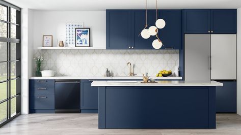 Samsung Bespoke Kitchen, Colorful Appliances, Custom Door Panels, Blue Kitchen Interior, Four Wings, Fridge Design, Samsung Bespoke, Samsung Appliances, Neutral Kitchen