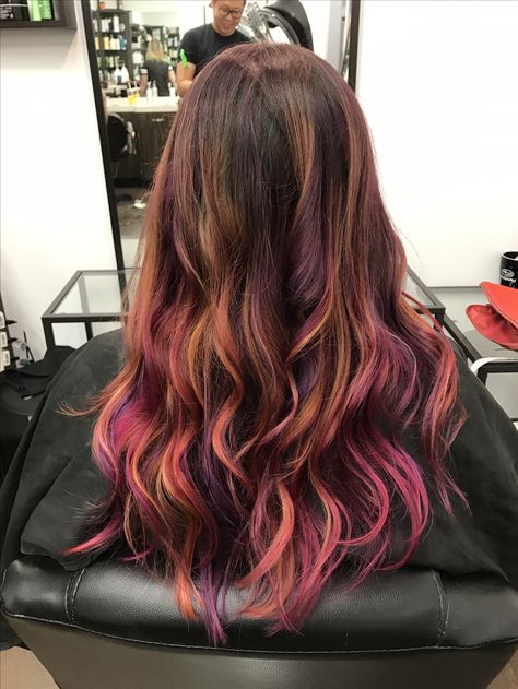 Orange Pink Highlights In Brown Hair, Copper And Purple Balayage, Brown Hair With Fun Highlights, Red And Purple Highlights In Brown Hair, Ginger To Purple Hair, Brown Hair With Fantasy Colors, Auburn Hair With Purple Highlights, Magenta Balayage Brunette, Magenta Highlights In Brown Hair