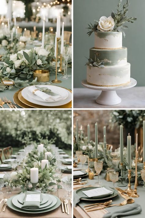 Sage Ivory And Gold Wedding, Green Themed Wedding Decor, Sage And Gold Wedding Table Decor, Decorating Ideas Wedding, Wedding Sage Green Theme, Green Flower Wedding, Sage Green And Khaki Wedding, Green Aesthetic Wedding Decor, Sage White And Gold Wedding