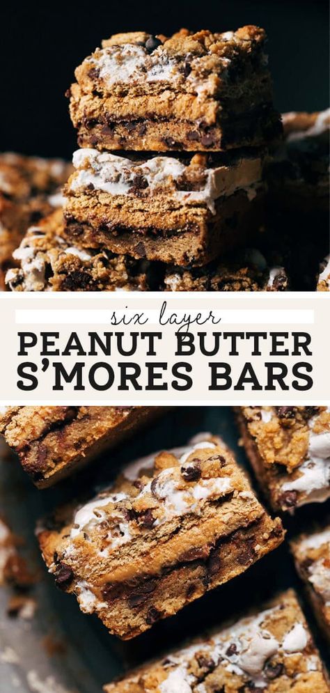 These s'mores bars are NEXT LEVEL made with six layers of everything good: graham cracker chocolate chip cookie dough, chocolate, peanut butter, graham crackers, marshmallow fluff, and another layer of graham cracker chocolate chip cookie dough. They're so delicious and very easy to make! #smoresbars #smores #peanutbuttersmores #butternutbakery | butternutbakeryblog.com Peanut Butter Smores Bars, Graham Cracker Cookie Dough, Smores Bar Recipe, Cracker Chocolate, Peanut Butter Smores, Brownie Vegan, Butternut Bakery, S Mores Bars, Cookie Board