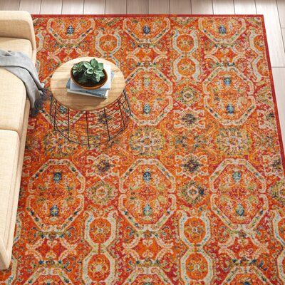 Orange Area Rug Living Room, Burnt Orange Rug Bedroom, Green Orange Rug, Orange And Green Rug, Colorful Area Rugs In Living Room, Colorful Rugs In Living Room, Mcm Rug, Orange Rug Living Room, Warm Rugs