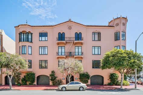 Exquisite Spanish Mediterranean building seeks new landlord and $10.9M Spanish Style Apartment Building, California Apartment Exterior, Mediterranean Building, Mediterranean Apartment, Spanish Apartment, California Apartment, San Francisco Apartment, Apartments Exterior, Wooden Columns