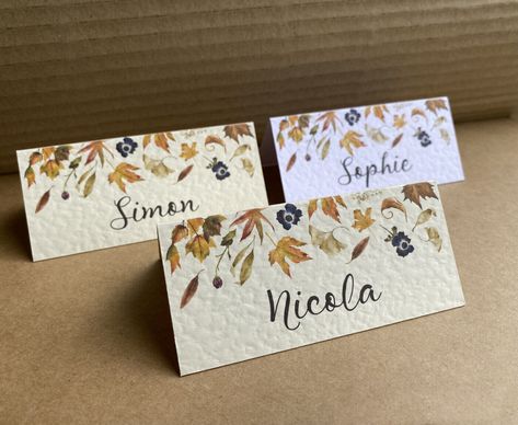 6x name PLACE CARDS autumn leaves edge October flowers table setting wedding Autumn Place Cards, Fall Place Cards, Table Setting Wedding, October Flowers, Unique Wedding Stationery, Name Wall Stickers, Order Packing, Fall Dinner Party, Thanksgiving Place Cards