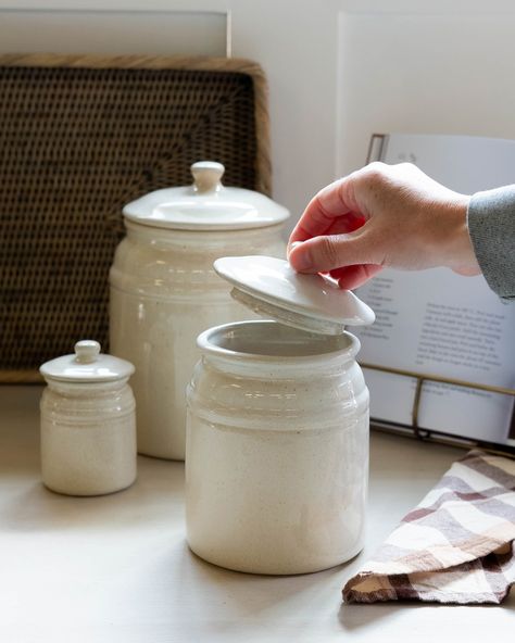 New in, beautiful stoneware canisters blending rustic durability with elegance. Available in three sizes. #hudsonhome #wherebeautifullivingbegins #kitchendecorideas #kitchendecor #kitchenstorage #canisterset #stonewearpottery Stoneware Canisters, White Ceramic Canisters, Ceramic Canister Set Target, Vintage Ceramic Farmhouse Canister Set Made In Japan, Vintage Flour Canister, Hudson Homes, Studio Mcgee, Pet Treats, Canister Sets