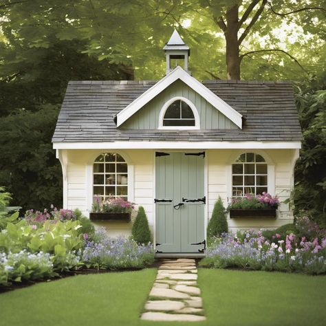 Charming Retreat: The Allure of a Cottage Garden Shed Diy Garden Shed Ideas, Pretty Garden Shed, Garden Shed Landscaping Ideas, Tiny Garden House, Garden Shed Exterior Ideas, Garden Sheds Ideas, She Shed Exterior, Shed Cottage, Playhouse Garden