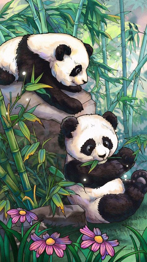 Nature Drawing On Canvas, Two Pandas Drawing, Panda Oil Pastel, Animal Drawings Colour, Wild Animals Drawing Sketch, Senary Drawing Painting, Panda Art Design, Hybrid Animals Drawing, Colourful Animal Paintings